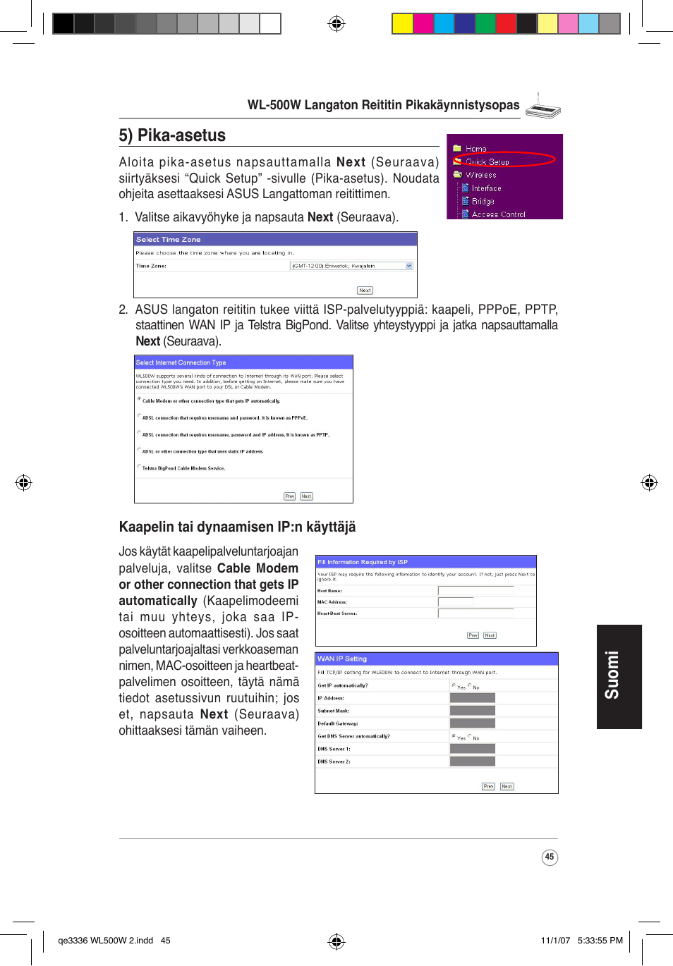 Suomi, 5) pika-asetus | Asus WL-500W User Manual | Page 46 / 137