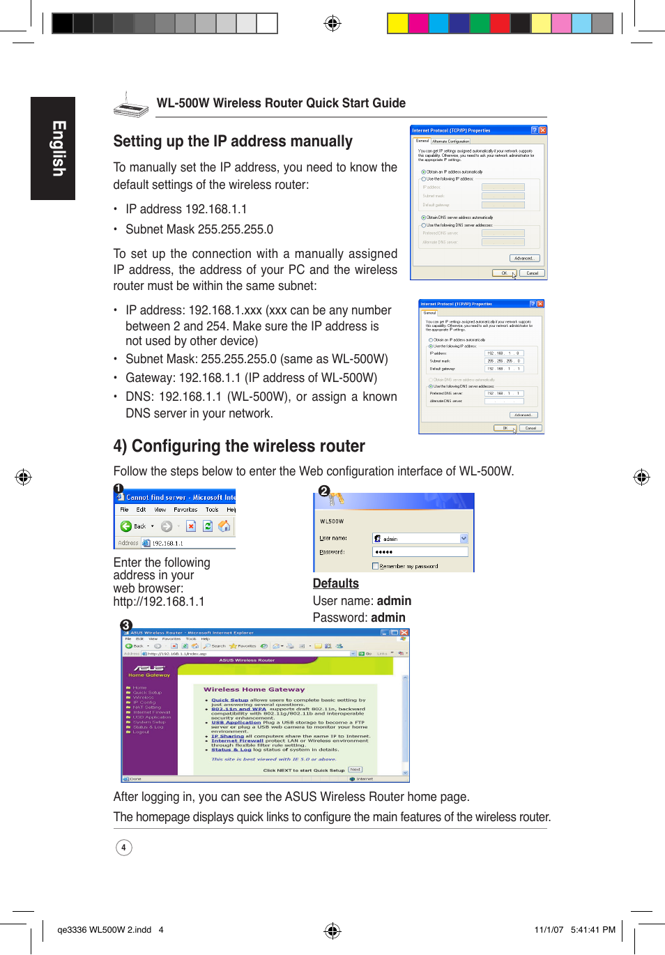 English, 4) configuring the wireless router, Setting up the ip address manually | Asus WL-500W User Manual | Page 5 / 137