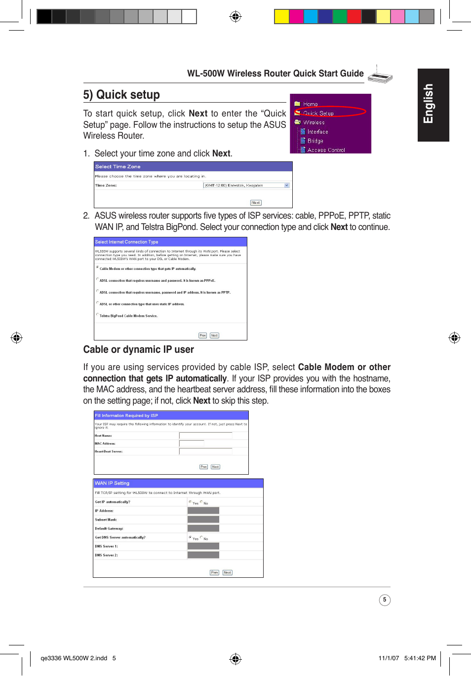 English, 5) quick setup | Asus WL-500W User Manual | Page 6 / 137