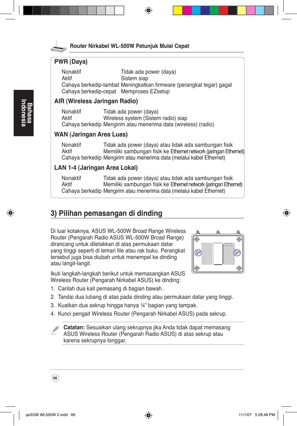 3) pilihan pemasangan di dinding | Asus WL-500W User Manual | Page 67 / 137