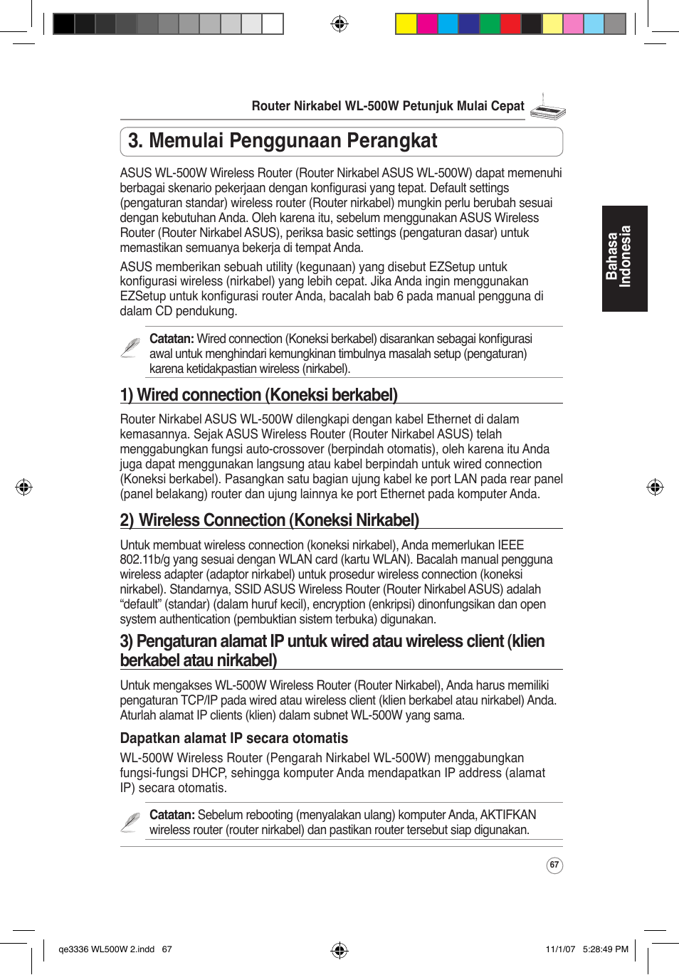 Memulai penggunaan perangkat, 1) wired connection (koneksi berkabel), 2) wireless connection (koneksi nirkabel) | Asus WL-500W User Manual | Page 68 / 137