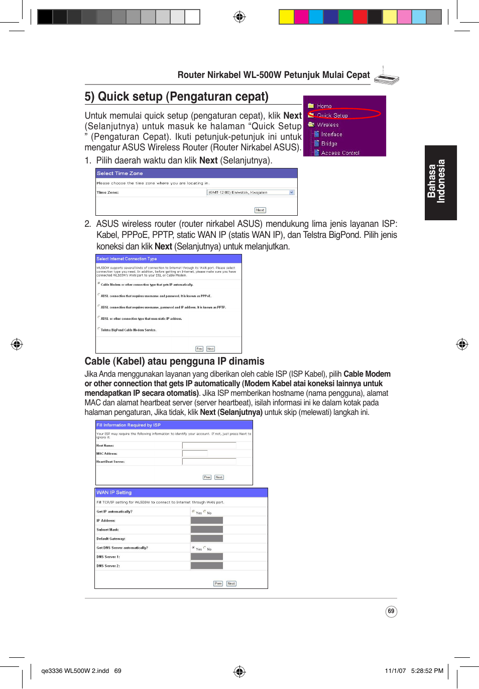 5) quick setup (pengaturan cepat) | Asus WL-500W User Manual | Page 70 / 137