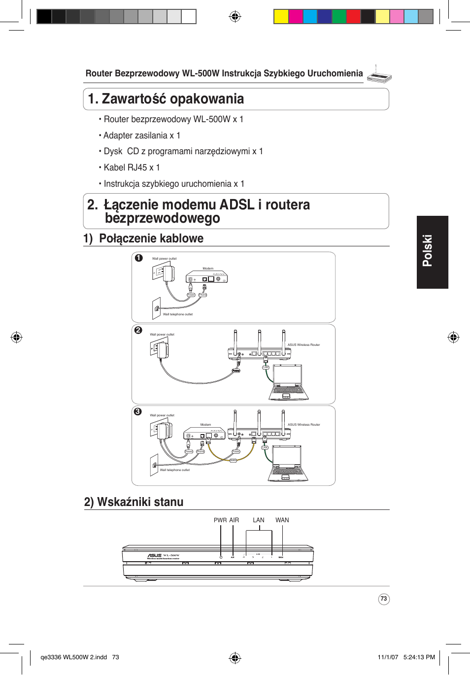 Polski 2) wskaźniki stanu, 1) połączenie kablowe | Asus WL-500W User Manual | Page 74 / 137