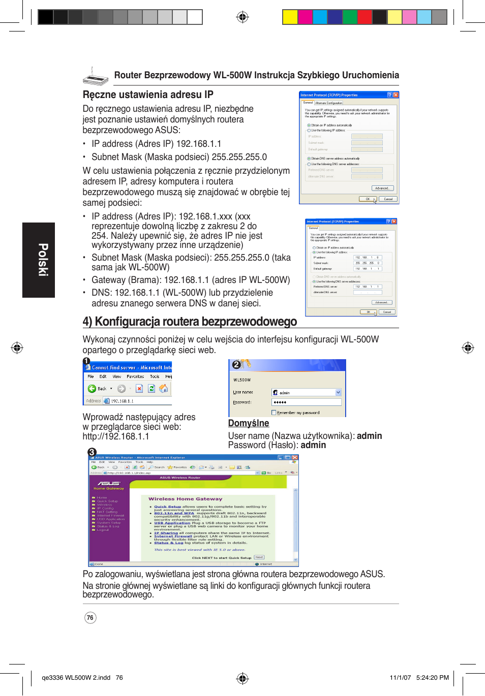 Polski, 4) konfiguracja routera bezprzewodowego | Asus WL-500W User Manual | Page 77 / 137