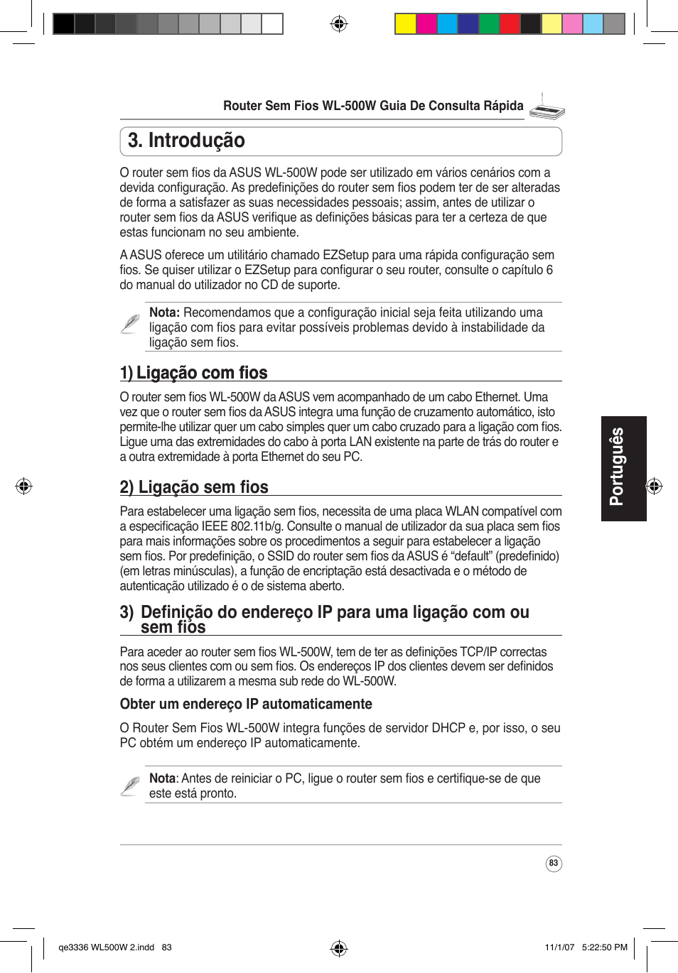 Introdução, Português, 1) ligação �om fios ligação �om fios | 2) ligação sem fios | Asus WL-500W User Manual | Page 84 / 137