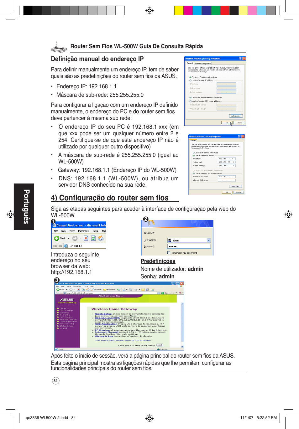 Português, 4) configuração do router sem fios | Asus WL-500W User Manual | Page 85 / 137