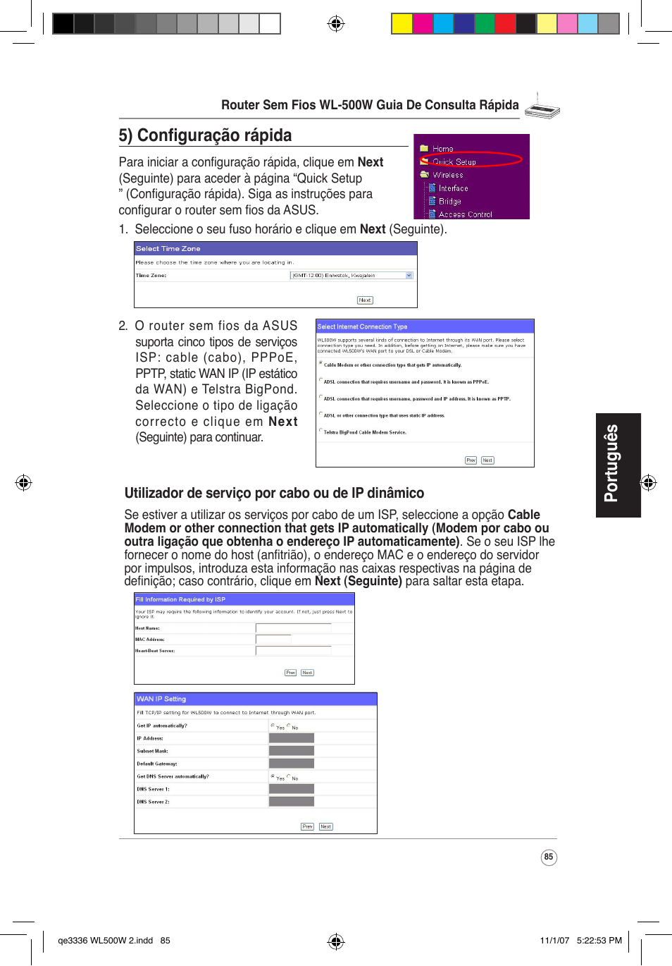 Português, 5) configuração rápida | Asus WL-500W User Manual | Page 86 / 137