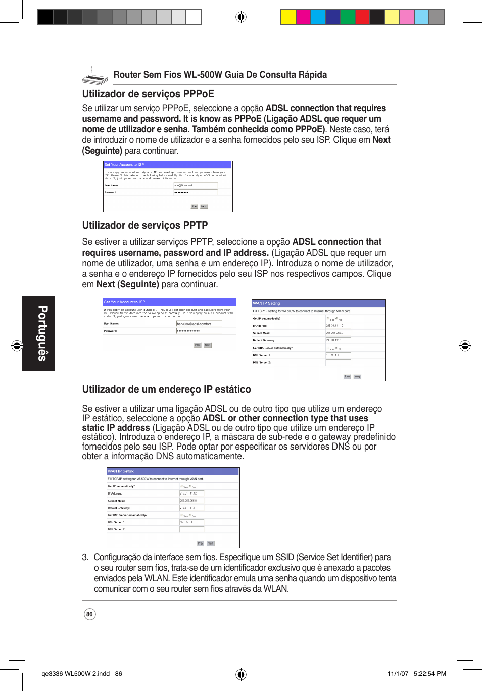 Português | Asus WL-500W User Manual | Page 87 / 137