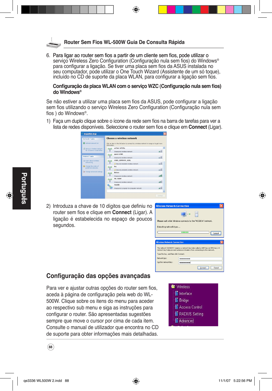 Português, Configuração das opções avançadas | Asus WL-500W User Manual | Page 89 / 137