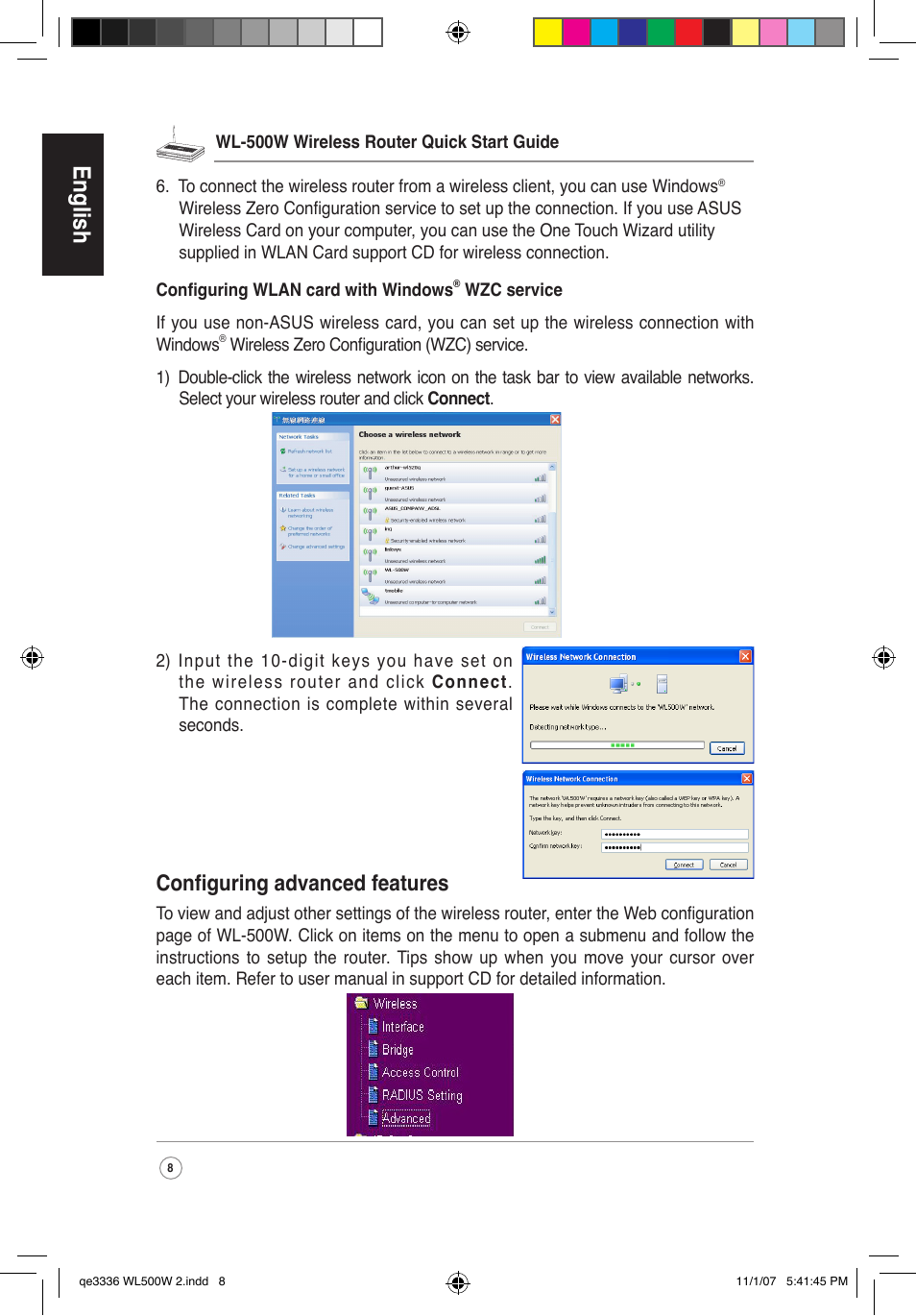 English, Configuring advanced features | Asus WL-500W User Manual | Page 9 / 137
