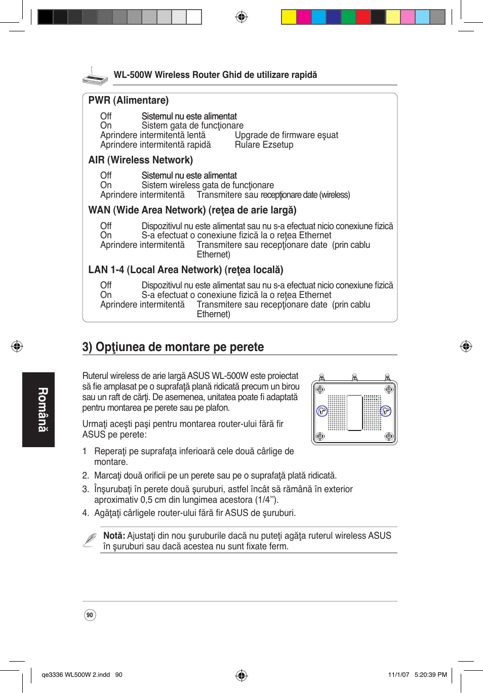 Română, 3) opţiunea de montare pe perete | Asus WL-500W User Manual | Page 91 / 137