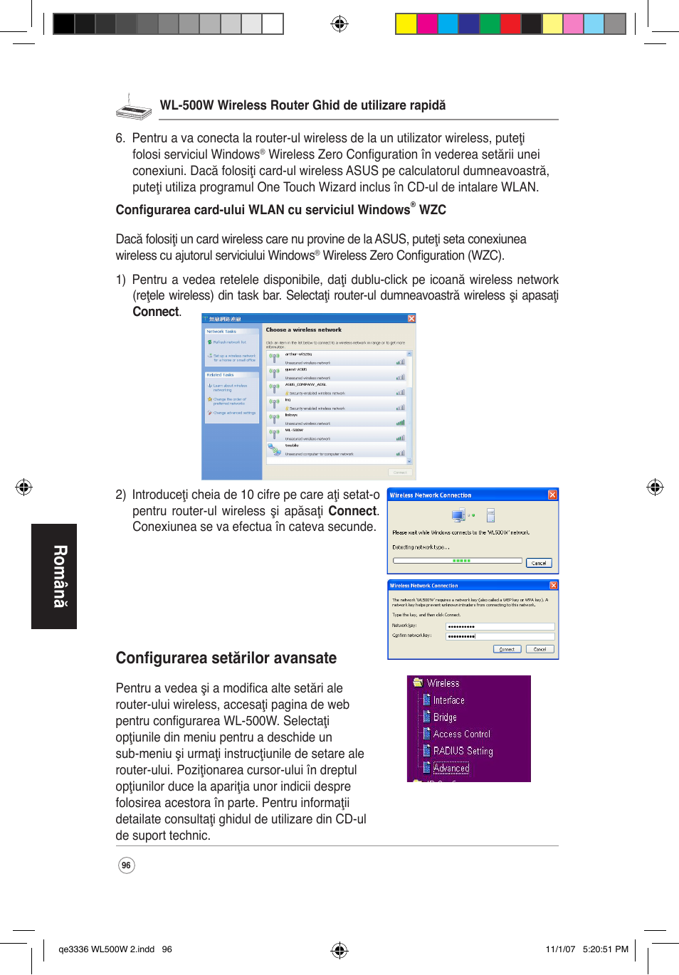 Română, Configurarea setărilor avansate | Asus WL-500W User Manual | Page 97 / 137