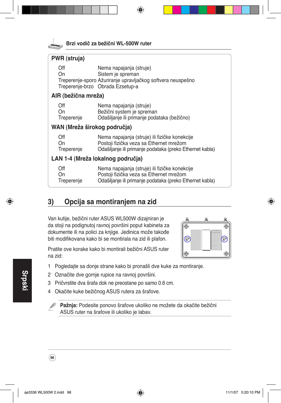 Srpski, 3) opcija sa montiranjem na zid | Asus WL-500W User Manual | Page 99 / 137