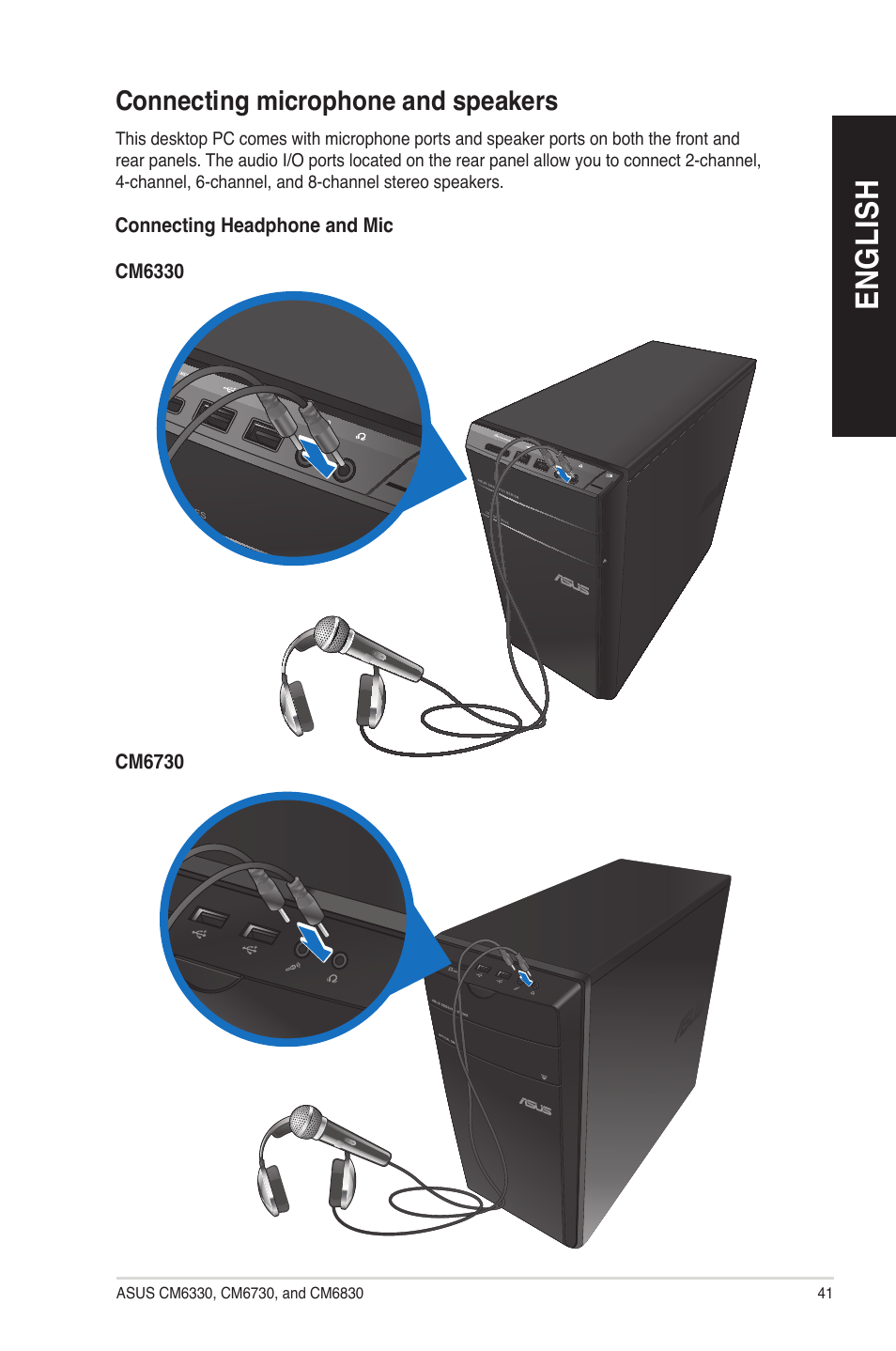 Connecting microphone and speakers, En gl is h en gl is h | Asus CM6830 User Manual | Page 41 / 86