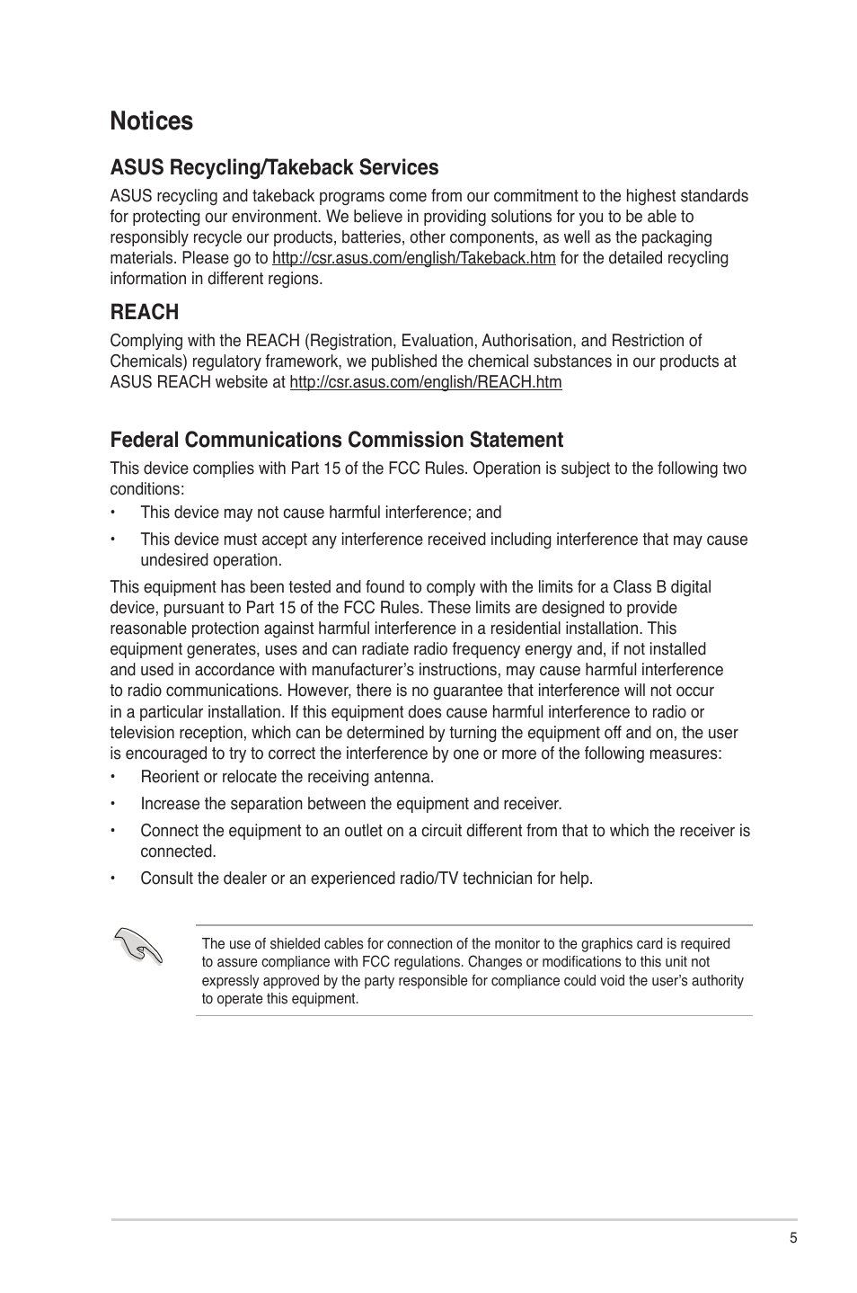 Notices, Asus recycling/takeback services, Reach | Federal communications commission statement | Asus CM6830 User Manual | Page 5 / 86