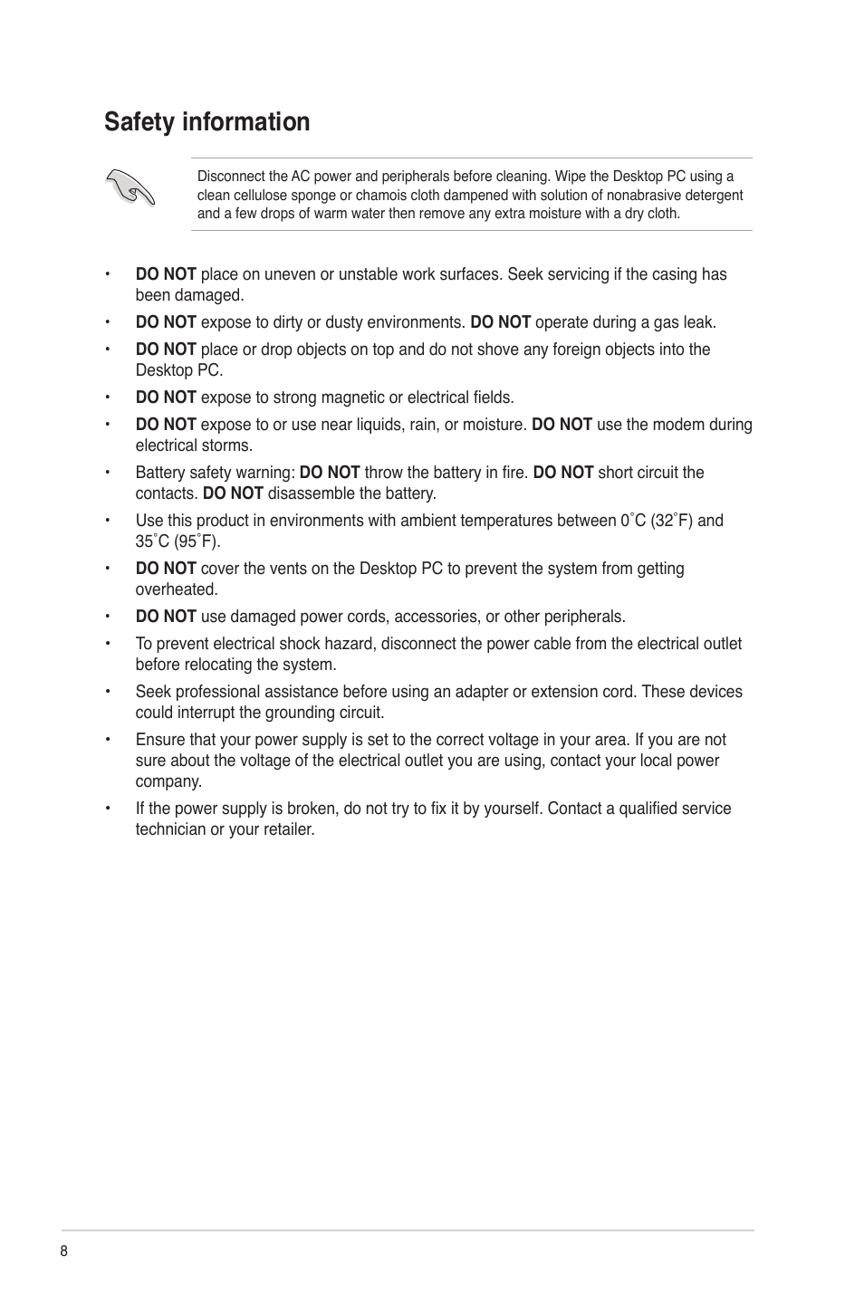 Safety information | Asus CM6830 User Manual | Page 8 / 86