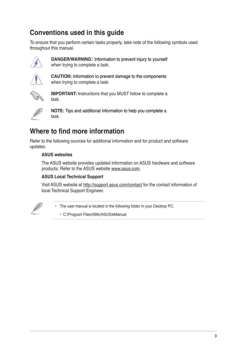 Conventions used in this guide, Where to find more information | Asus CM6830 User Manual | Page 9 / 86