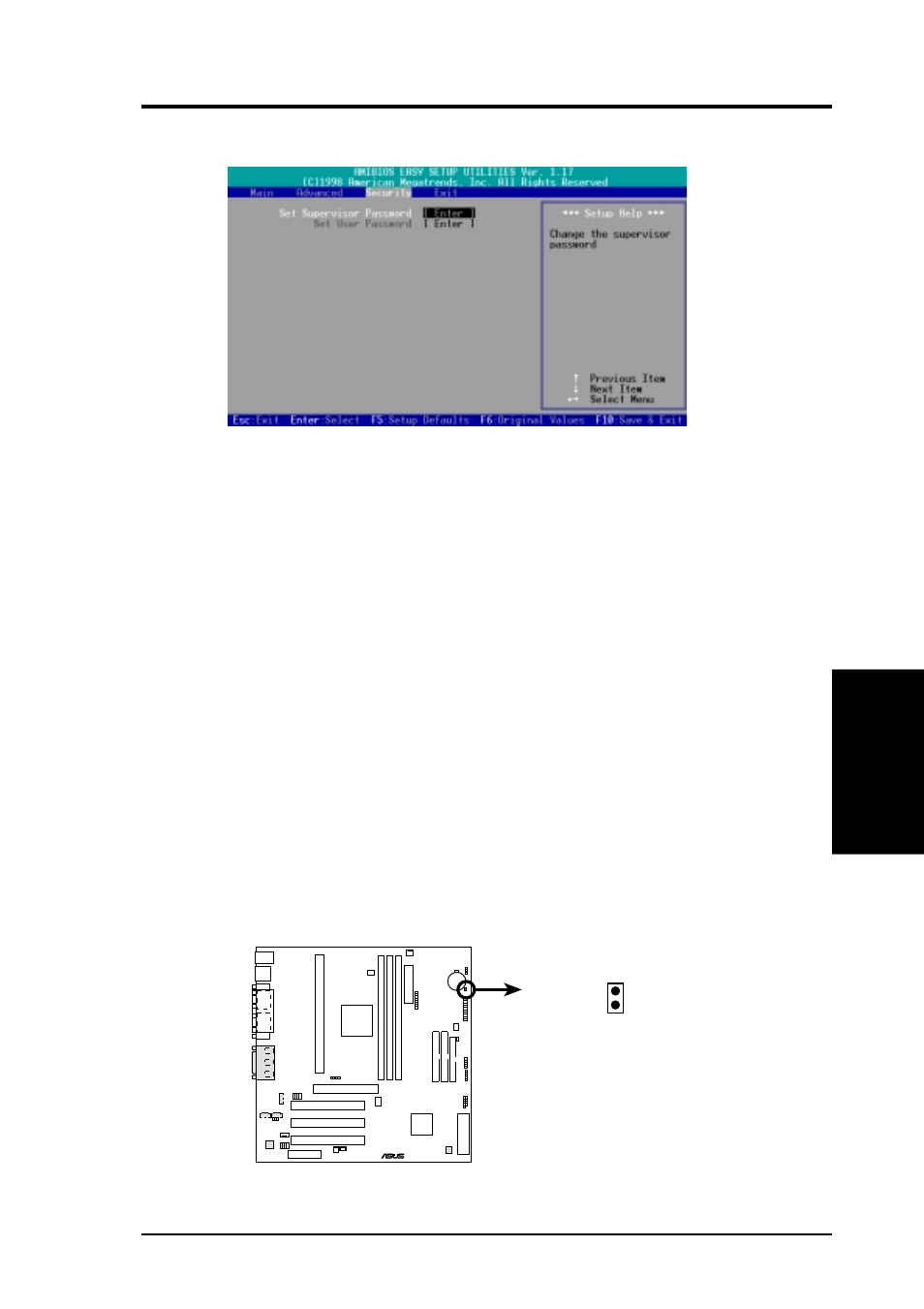 Bios setup, 5 security menu, Asus k7m-rm user’s manual 69 | Bios setup security menu | Asus K7M-RM User Manual | Page 69 / 96
