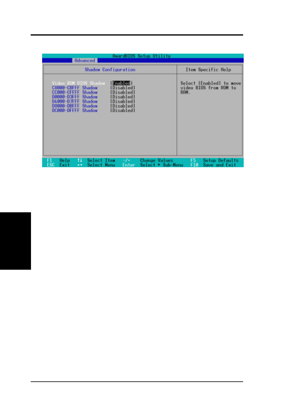 Bios setup, 4 shadow configuration | Asus CUSL2-C User Manual | Page 68 / 122