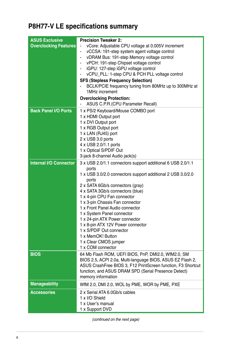 P8h77-v le specifications summary | Asus P8H77-V LE User Manual | Page 10 / 80