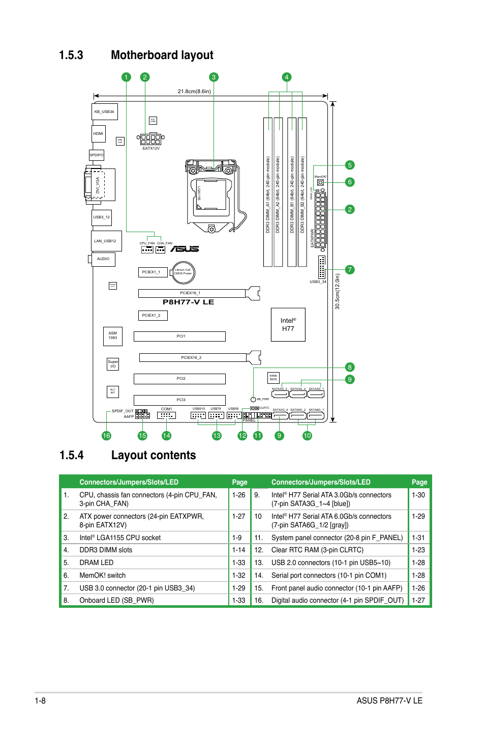 3 motherboard layout, 4 layout contents, Motherboard layout -8 | Layout contents -8, 3 motherboard layout 1.5.4 layout contents | Asus P8H77-V LE User Manual | Page 20 / 80