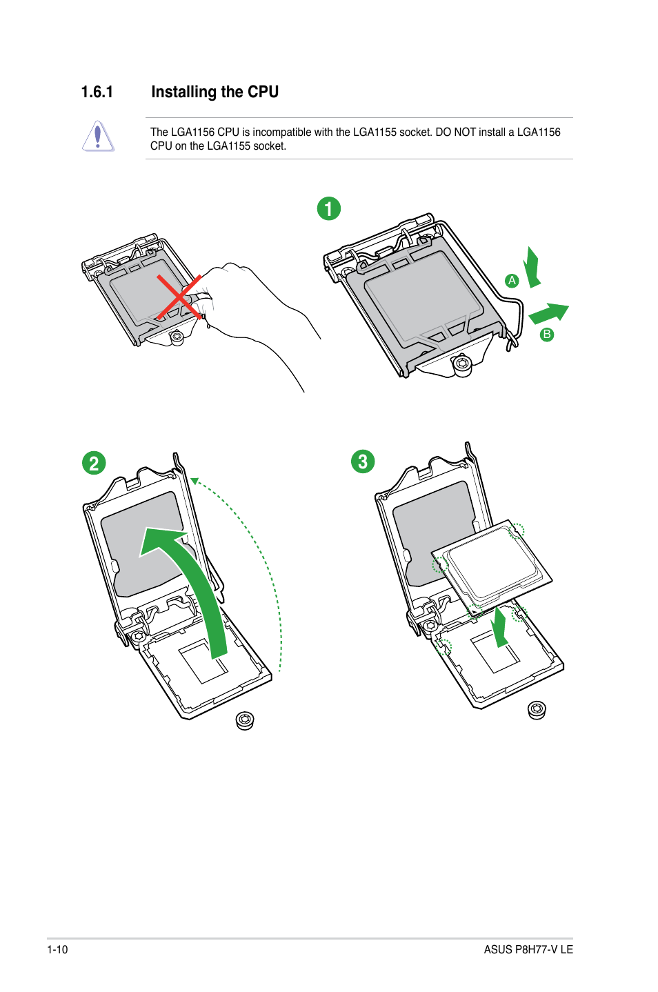 1 installing the cpu, Installing the cpu -10 | Asus P8H77-V LE User Manual | Page 22 / 80