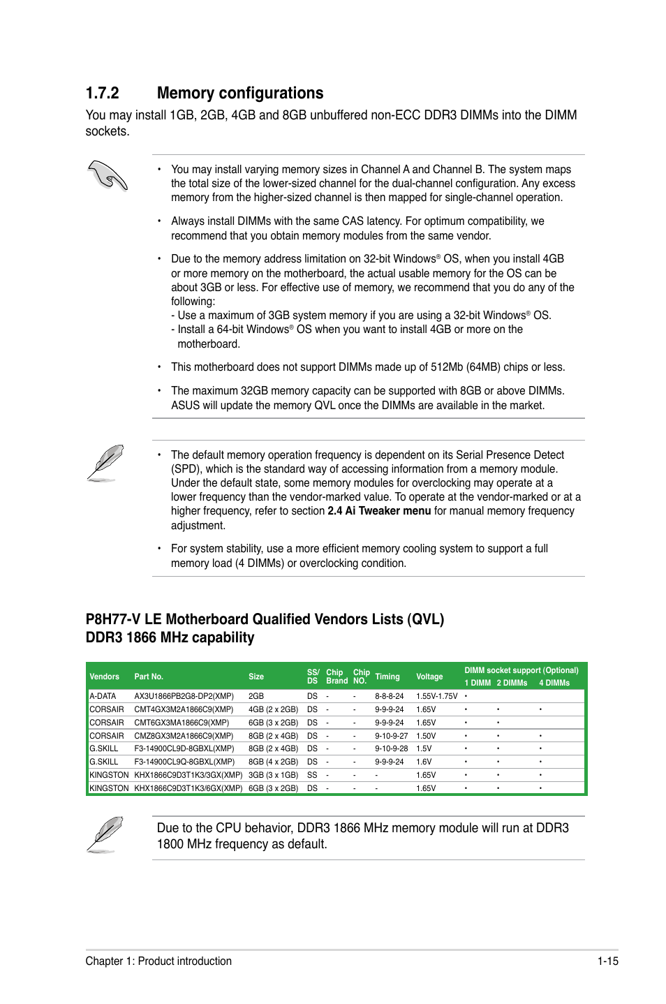 2 memory configurations, Memory configurations -15 | Asus P8H77-V LE User Manual | Page 27 / 80