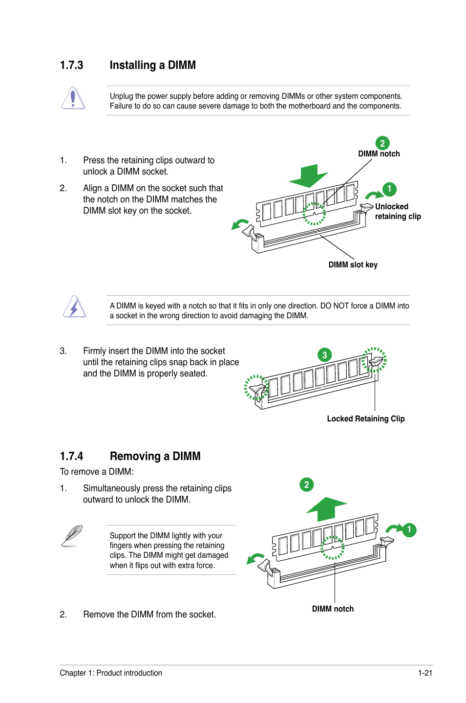 3 installing a dimm, 4 removing a dimm, Installing a dimm -21 | Removing a dimm -21 | Asus P8H77-V LE User Manual | Page 33 / 80