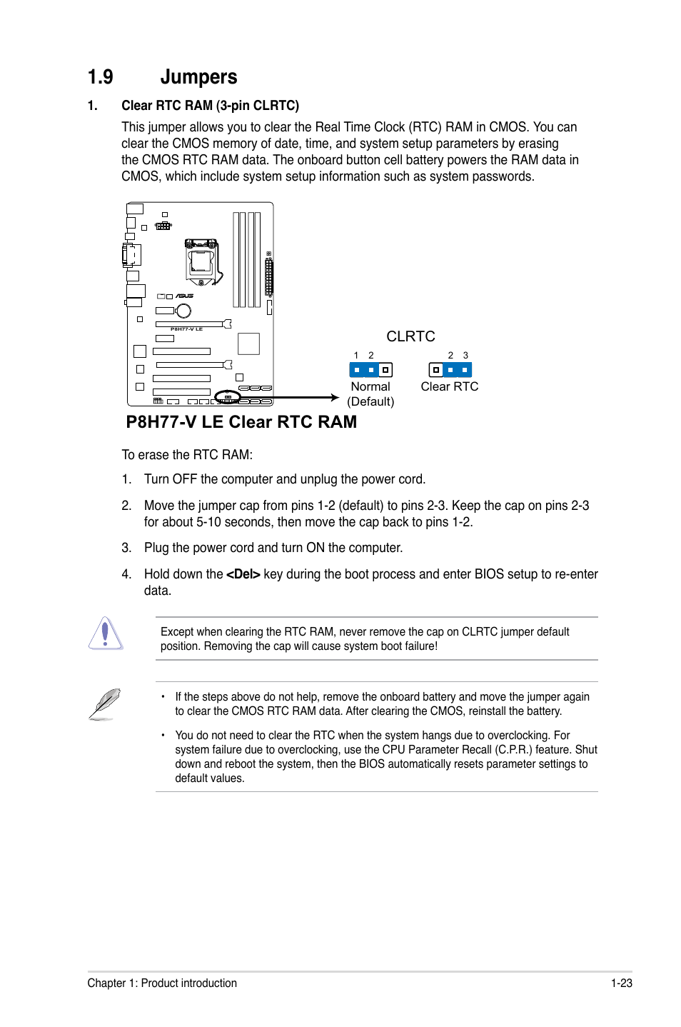 9 jumpers, Jumpers -23, P8h77-v le clear rtc ram | Asus P8H77-V LE User Manual | Page 35 / 80