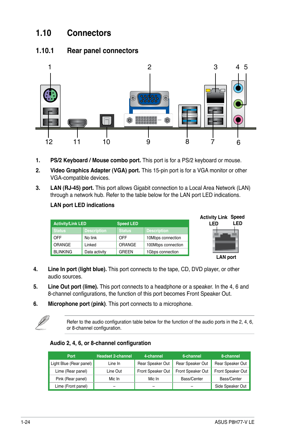 10 connectors, 1 rear panel connectors, 10 connectors -24 | 1 rear panel connectors -24 | Asus P8H77-V LE User Manual | Page 36 / 80