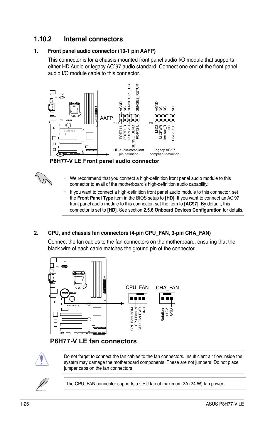 2 internal connectors, 2 internal connectors -26, P8h77-v le fan connectors | P8h77-v le front panel audio connector | Asus P8H77-V LE User Manual | Page 38 / 80