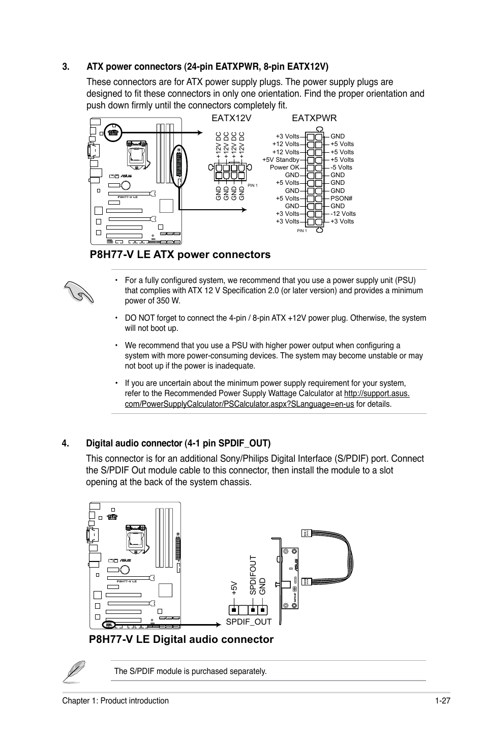 P8h77-v le atx power connectors, P8h77-v le digital audio connector | Asus P8H77-V LE User Manual | Page 39 / 80