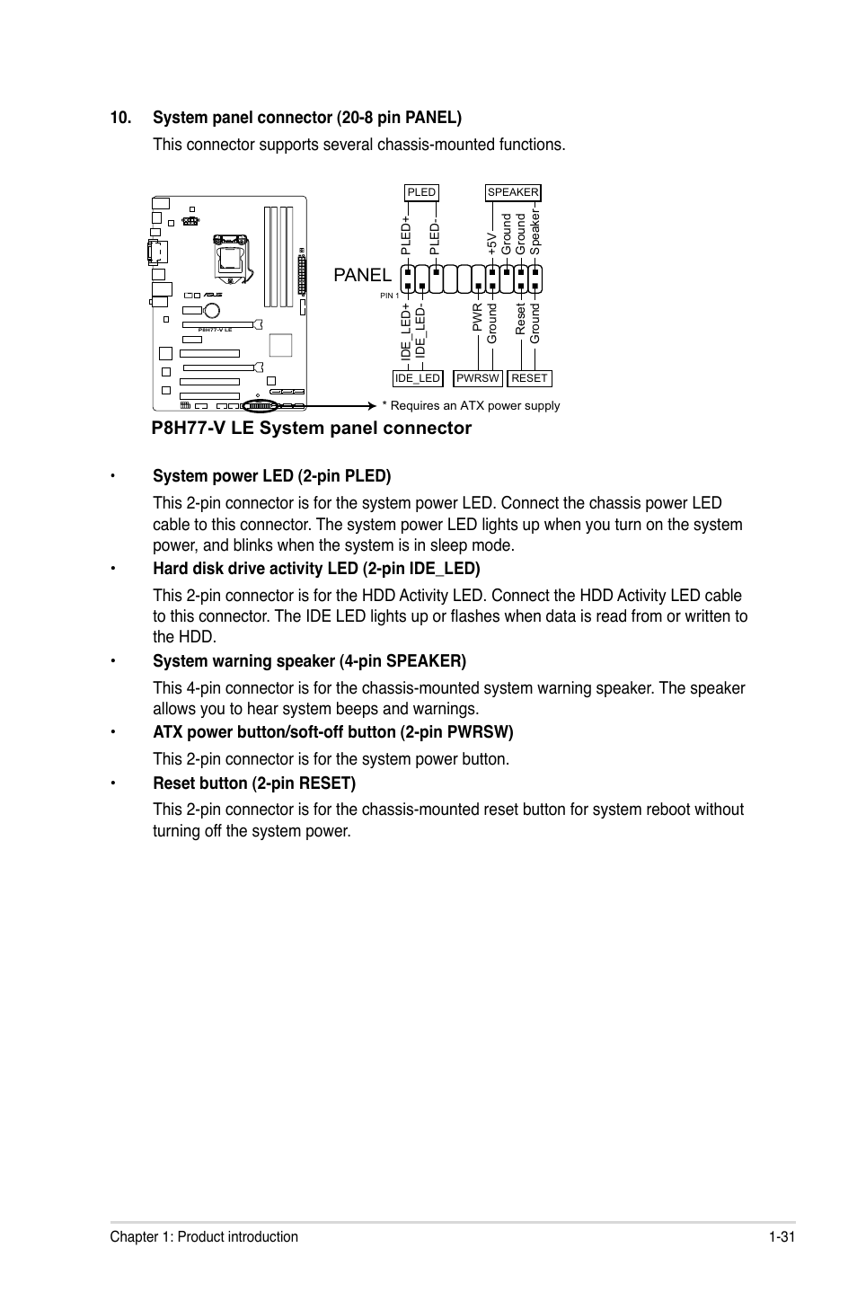 P8h77-v le system panel connector, Panel | Asus P8H77-V LE User Manual | Page 43 / 80