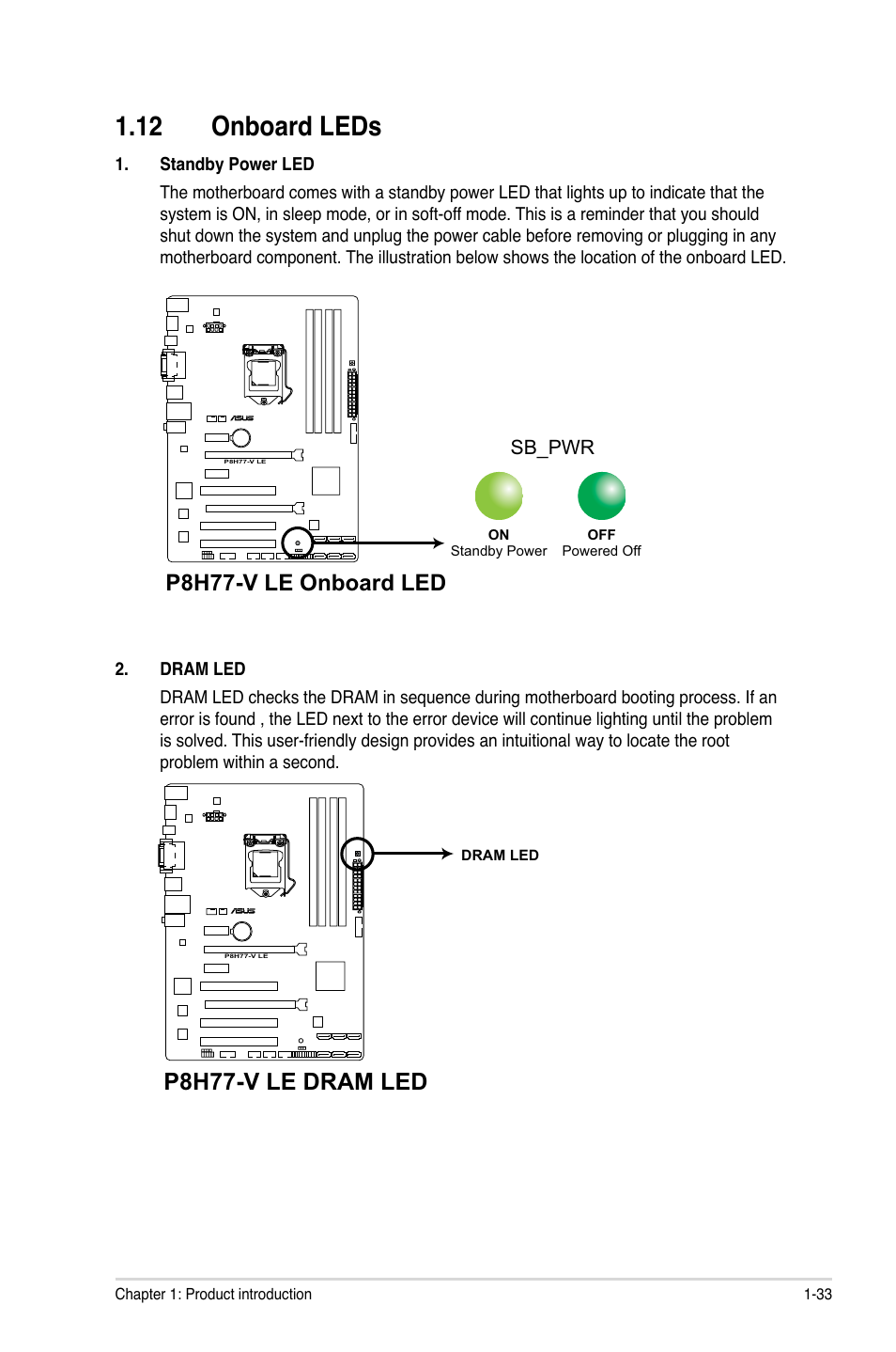 12 onboard leds, 12 onboard leds -33, P8h77-v le dram led | P8h77-v le onboard led | Asus P8H77-V LE User Manual | Page 45 / 80