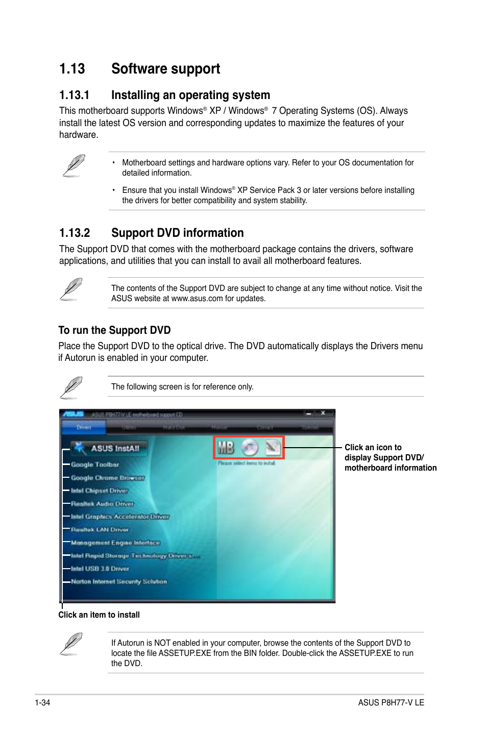 13 software support, 1 installing an operating system, 2 support dvd information | 13 software support -34 | Asus P8H77-V LE User Manual | Page 46 / 80