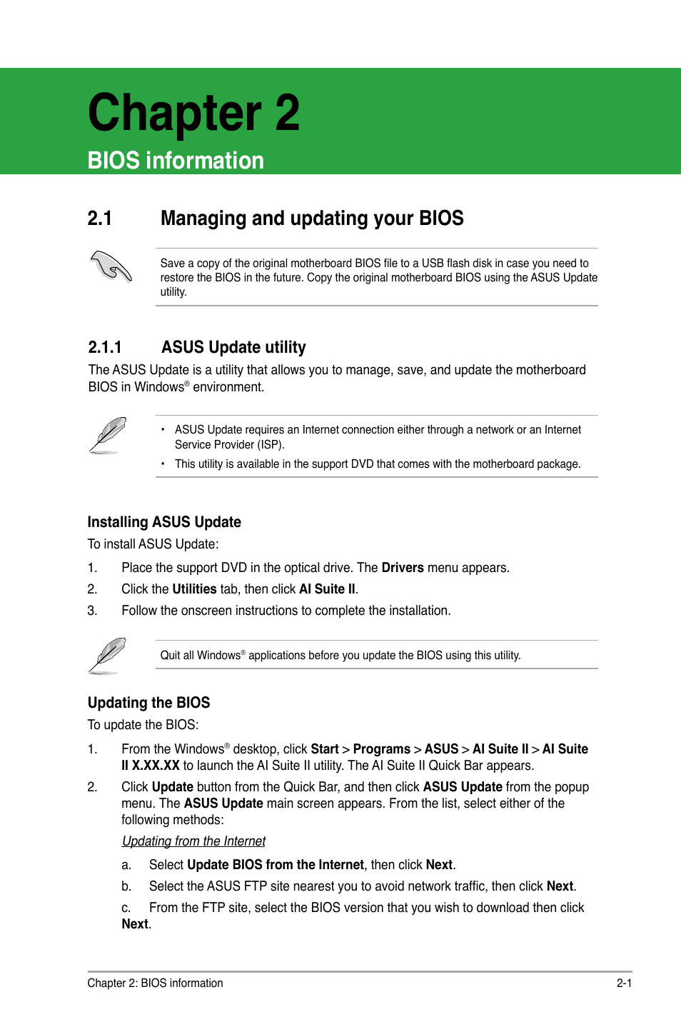 Chapter 2, Bios information, 1 managing and updating your bios | 1 asus update utility, Managing and updating your bios -1 2.1.1, Asus update utility -1 | Asus P8H77-V LE User Manual | Page 47 / 80