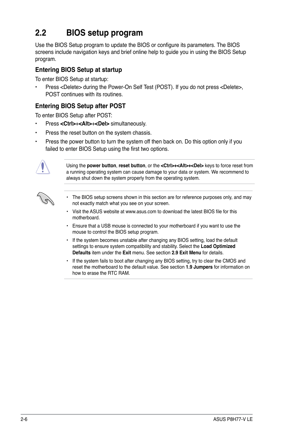 2 bios setup program, Bios setup program -6 | Asus P8H77-V LE User Manual | Page 52 / 80