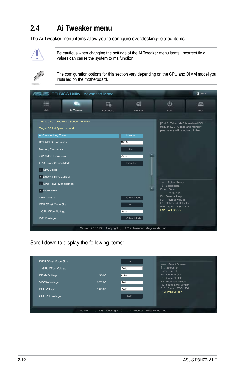4 ai tweaker menu, Ai tweaker menu -12, Scroll down to display the following items | Efi bios utility - advanced mode | Asus P8H77-V LE User Manual | Page 58 / 80