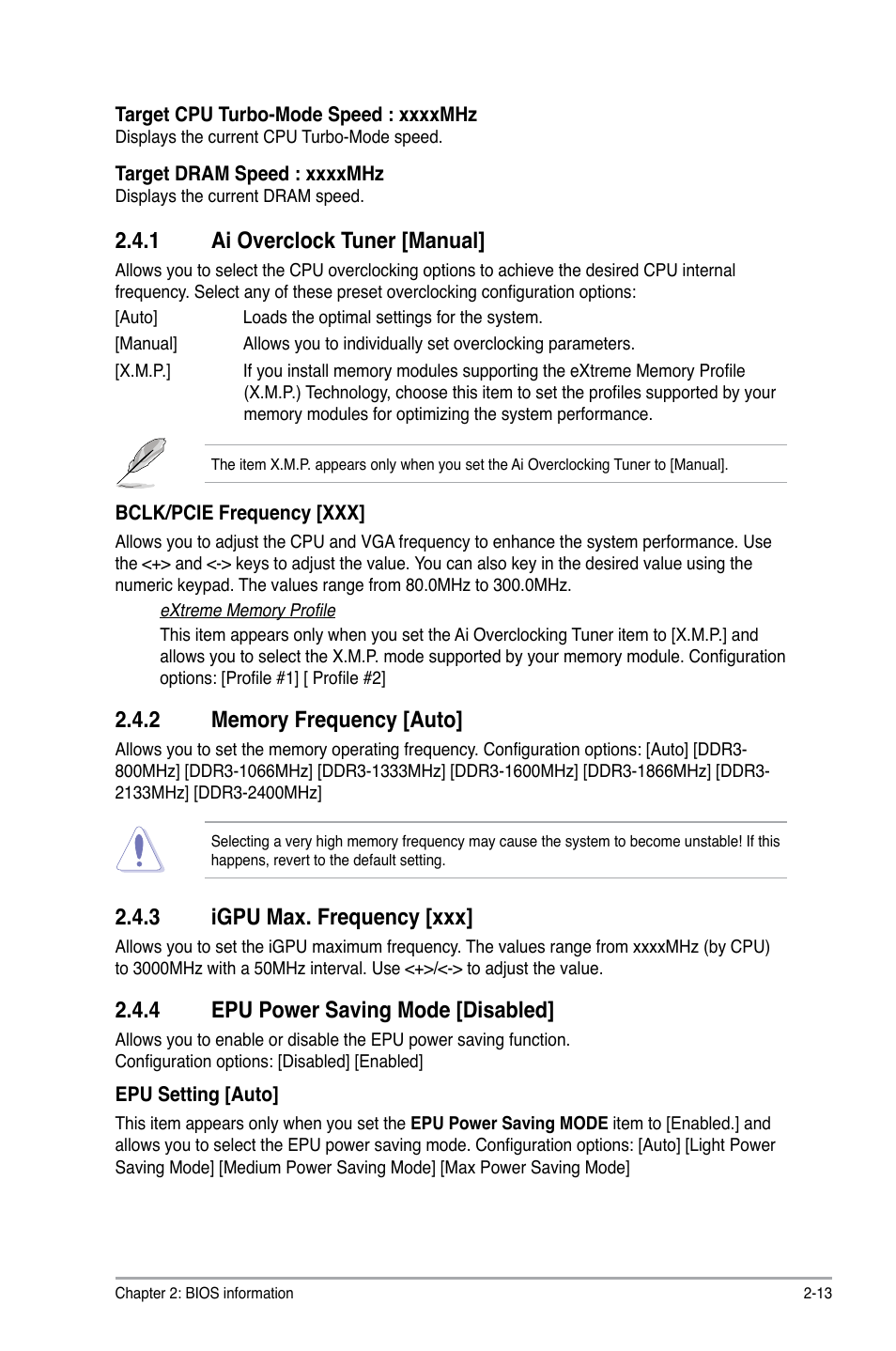 1 ai overclock tuner [manual, 2 memory frequency [auto, 3 igpu max. frequency [xxx | 4 epu power saving mode [disabled, Ai overclock tuner [manual] -13, Memory frequency [auto] -13, Igpu max. frequency [xxx] -13, Epu power saving mode [disabled] -13 | Asus P8H77-V LE User Manual | Page 59 / 80