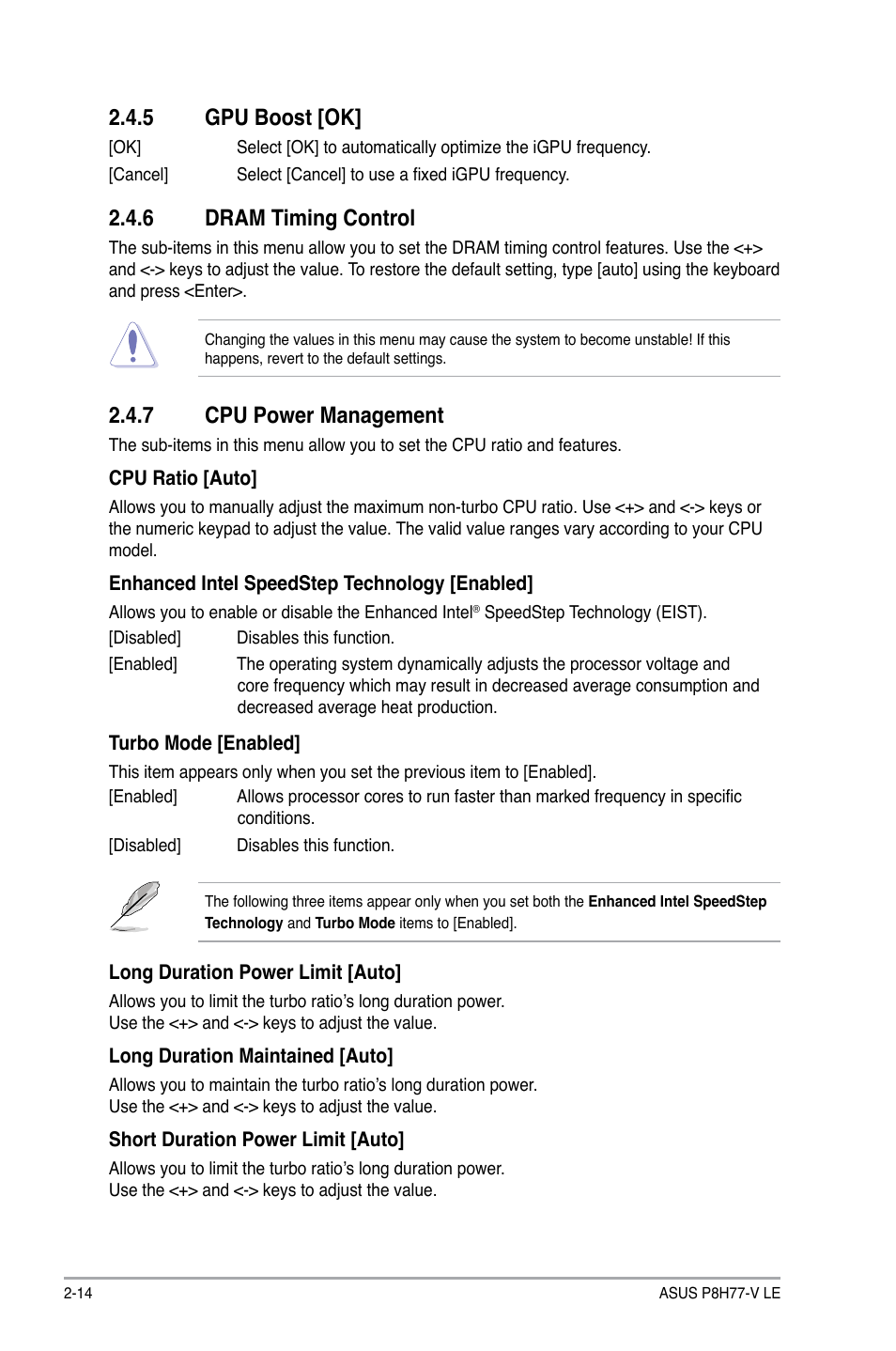 5 gpu boost [ok, 6 dram timing control, 7 cpu power management | Gpu boost [ok] -14, Dram timing control -14, Cpu power management -14 | Asus P8H77-V LE User Manual | Page 60 / 80