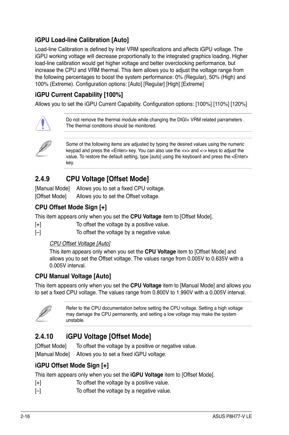 9 cpu voltage [offset mode, 10 igpu voltage [offset mode, Cpu voltage [offset mode] -16 | 10 igpu voltage [offset mode] -16 | Asus P8H77-V LE User Manual | Page 62 / 80