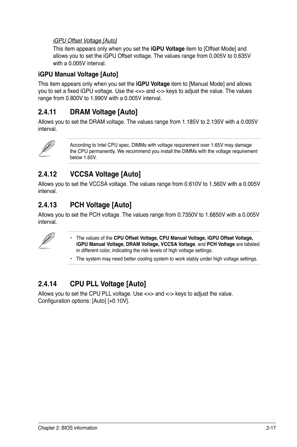 11 dram voltage [auto, 12 vccsa voltage [auto, 13 pch voltage [auto | 14 cpu pll voltage [auto | Asus P8H77-V LE User Manual | Page 63 / 80