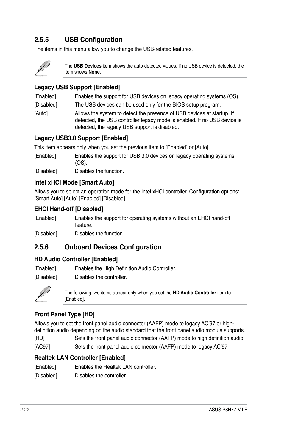 5 usb configuration, 6 onboard devices configuration, Usb configuration -22 | Onboard devices configuration -22 | Asus P8H77-V LE User Manual | Page 68 / 80