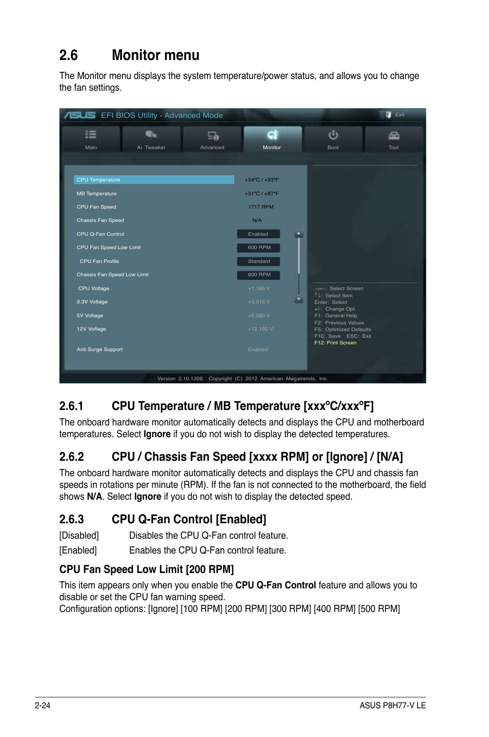 6 monitor menu, 1 cpu temperature / mb temperature [xxxºc/xxxºf, 3 cpu q-fan control [enabled | Monitor menu -24 2.6.1, Cpu temperature / mb temperature [xxxºc/xxxºf] -24, Cpu q-fan control [enabled] -24, Cpu fan speed low limit [200 rpm | Asus P8H77-V LE User Manual | Page 70 / 80
