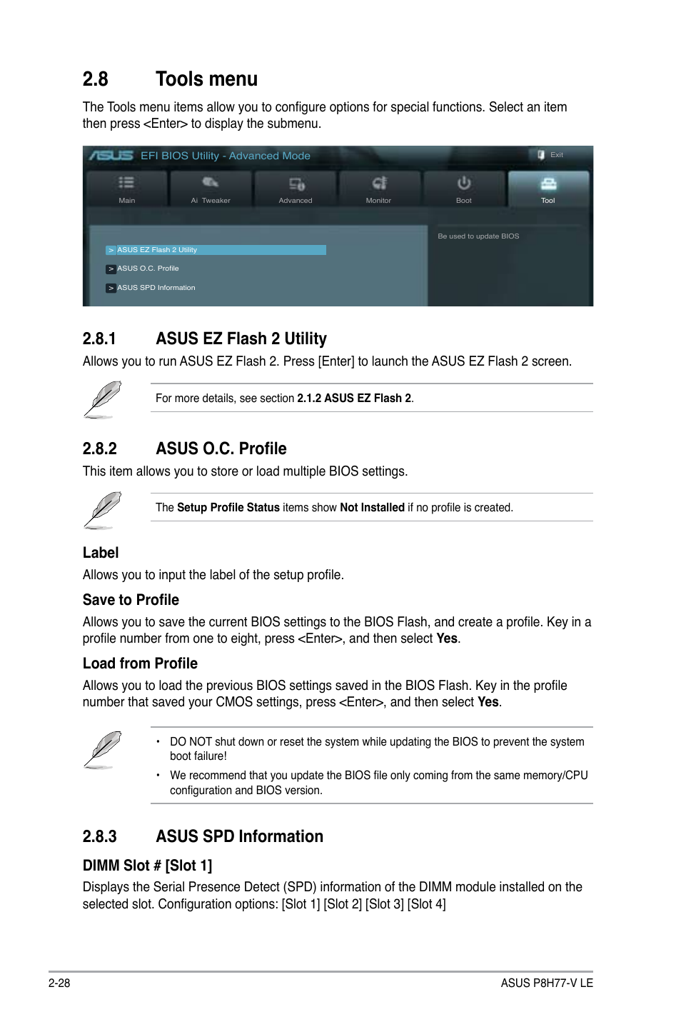 8 tools menu, 1 asus ez flash 2 utility, 2 asus o.c. profile | 3 asus spd information, Tools menu -28 2.8.1, Asus ez flash 2 utility -28, Asus o.c. profile -28, Asus spd information -28, Label, Save to profile | Asus P8H77-V LE User Manual | Page 74 / 80