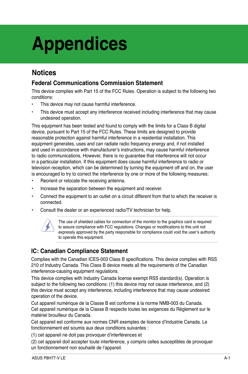 Appendices, Notices, Federal communications commission statement | Ic: canadian compliance statement | Asus P8H77-V LE User Manual | Page 77 / 80