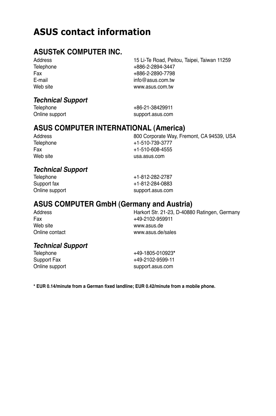 Asus contact information, Asustek computer inc, Asus computer international (america) | Asus computer gmbh (germany and austria), Technical support | Asus P8H77-V LE User Manual | Page 79 / 80