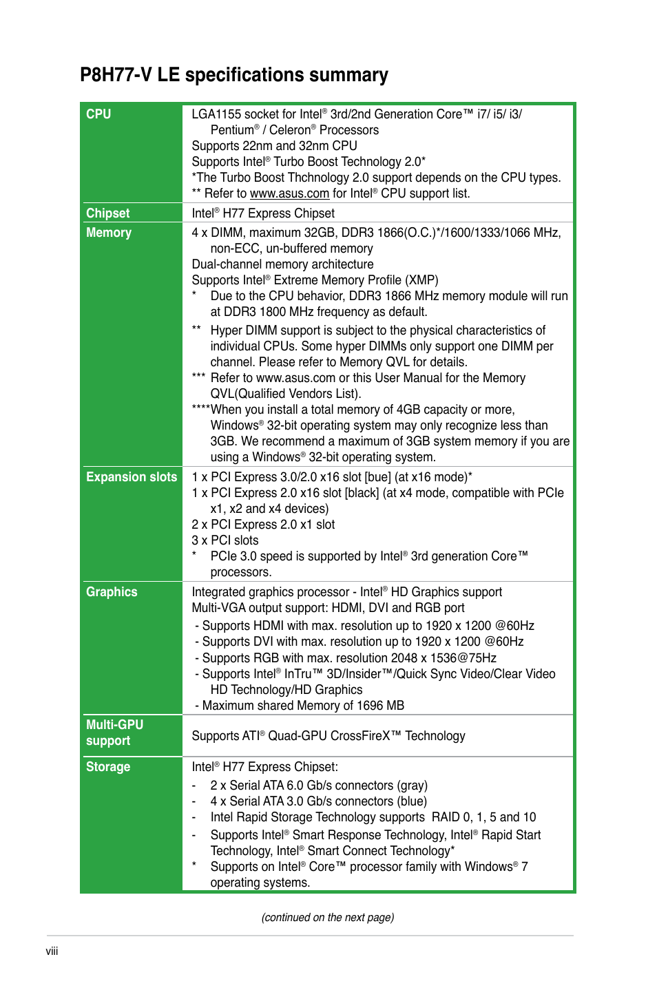 P8h77-v le specifications summary | Asus P8H77-V LE User Manual | Page 8 / 80