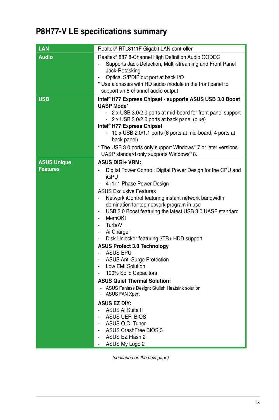 P8h77-v le specifications summary | Asus P8H77-V LE User Manual | Page 9 / 80