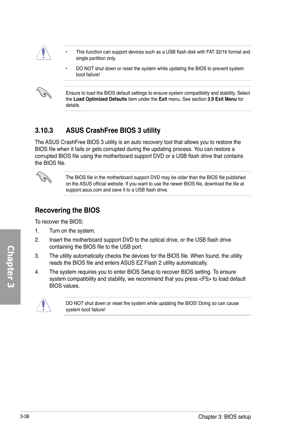 Chapter 3, 3 asus crashfree bios 3 utility, Recovering the bios | Asus P8C WS User Manual | Page 100 / 140